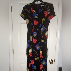J.D. Stone 12 Black Multicolor Belt ShrtSlves SlitSides Rayon Women's Midi Dress